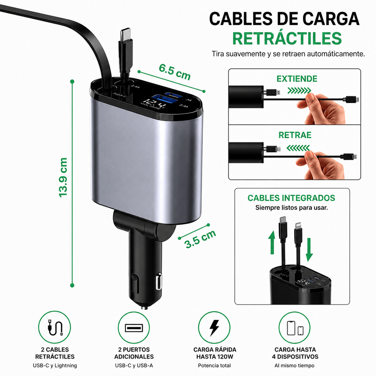 CARGADOR RETRÁCTIL PARA AUTO 4 EN 1