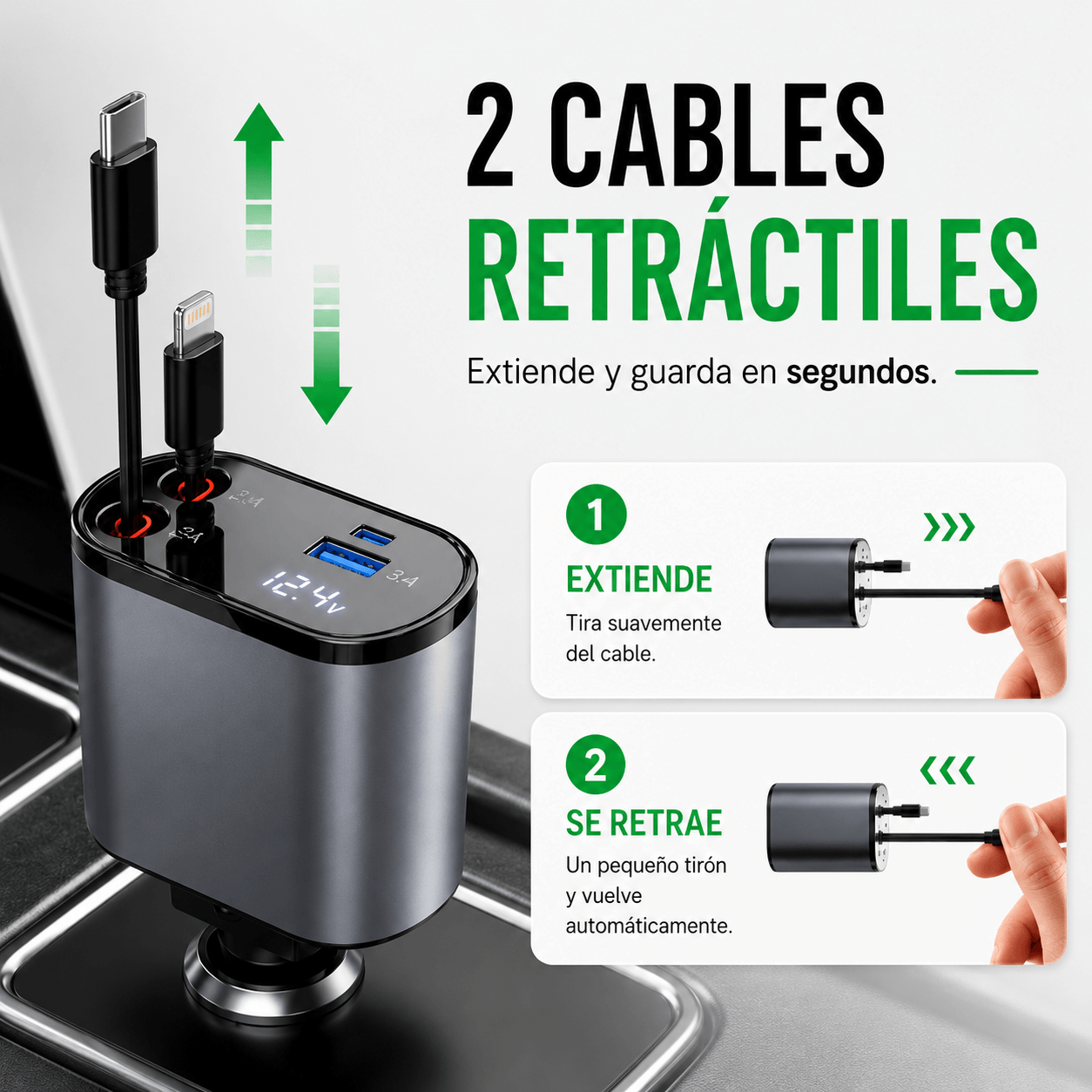 CARGADOR RETRÁCTIL PARA AUTO 4 EN 1