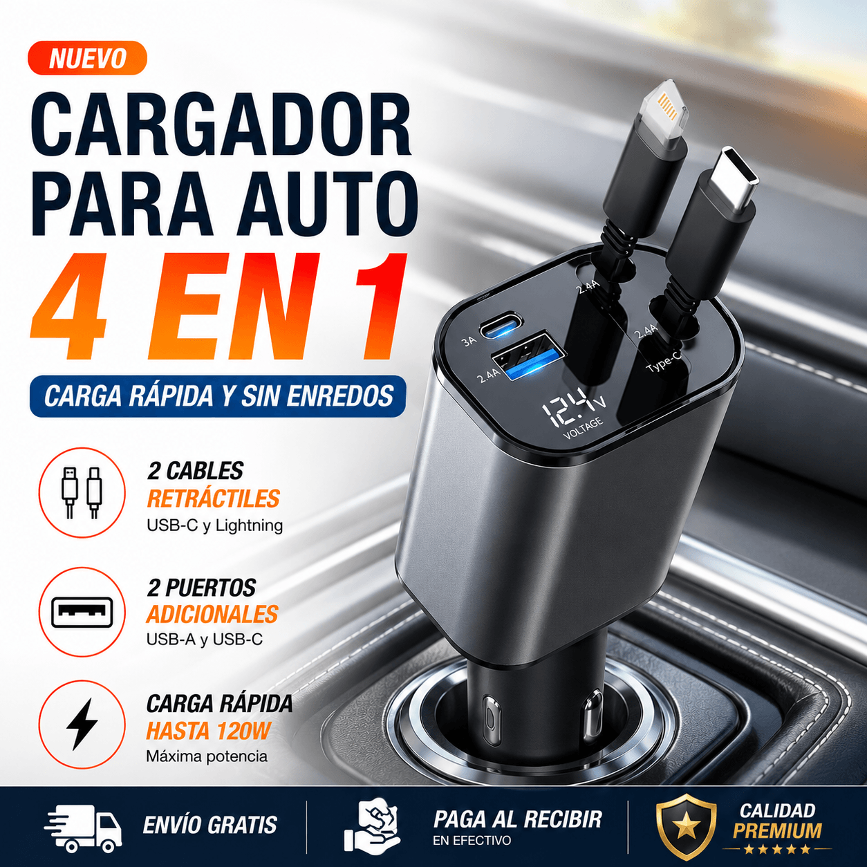 CARGADOR PARA AUTO RETRÁCTIL 4 EN 1