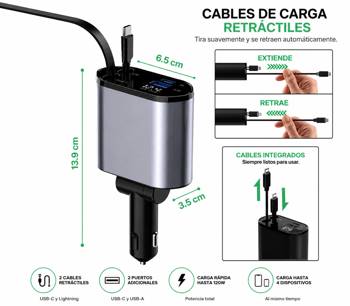 CARGADOR PARA AUTO RETRÁCTIL 4 EN 1